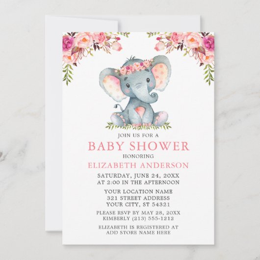 Wasserfarbe Rosa Blumendusche Elefant Einladung (Vorderseite)