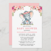 Wasserfarbe Rosa Blumendusche Elefant Einladung (Vorne/Hinten)