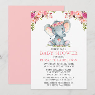 Wasserfarbe Rosa Blumendusche Elefant Einladung