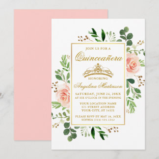 Wasserfarbe Rosa Blumengrün Gold Quinceanera Einladung