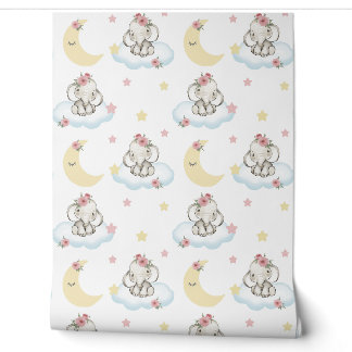 Wasserfarbe Rosa Blumenjungen Elephant Wolken Ster Tapete