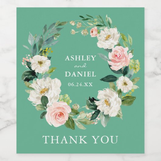 Wasserfarbe Rosa Blumenkranz Hochzeit Neo Mint Weinetikett (Einzelnes Label)