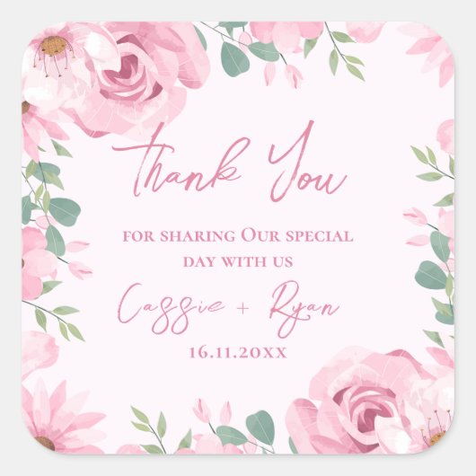 Wasserfarbe Rosa Blumenzwiese Danke Platz Quadratischer Aufkleber (Vorderseite)