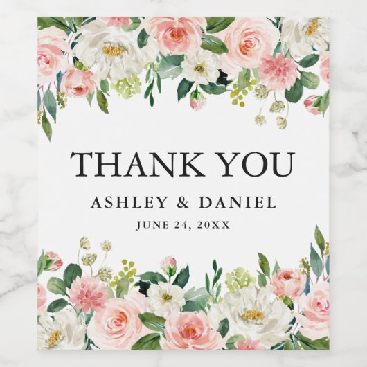 Wasserfarbe Rosa Blütengrün Hochzeit Weinetikett (Einzelnes Label)