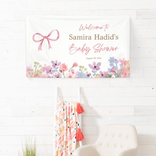 Wasserfarbe Rosa Bow Floral Girl Babydusche Banner (Insitu)