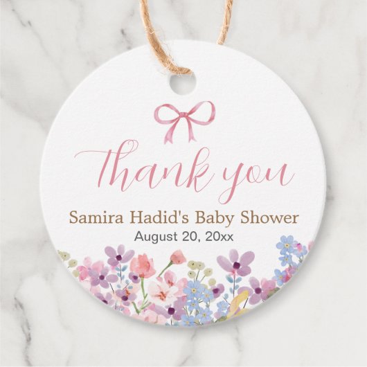 Wasserfarbe Rosa Bow Floral Girl Babydusche Geschenkanhänger (Vorderseite)