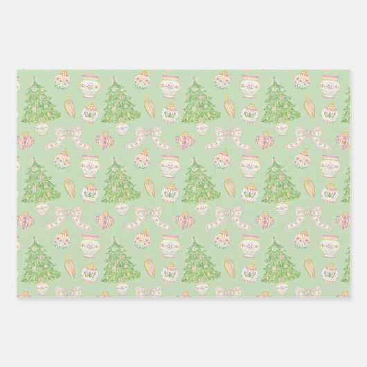 Wasserfarbe Rosa Chinoiserie Baubles Weihnachtsbau Geschenkpapier Set (Vorderseite 3)