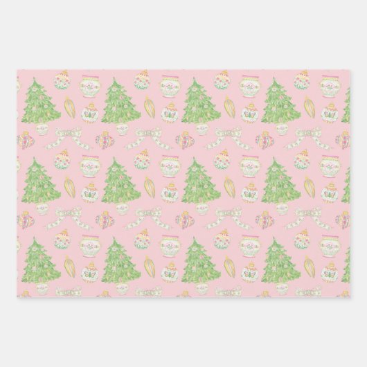 Wasserfarbe Rosa Chinoiserie Baubles Weihnachtsbau Geschenkpapier Set (Vorderseite)