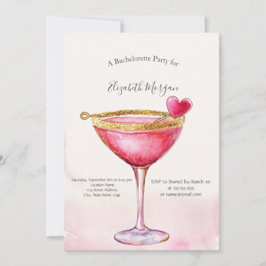 Wasserfarbe Rosa Cocktail Herzstück Junggeselinnen Einladung (Vorderseite)