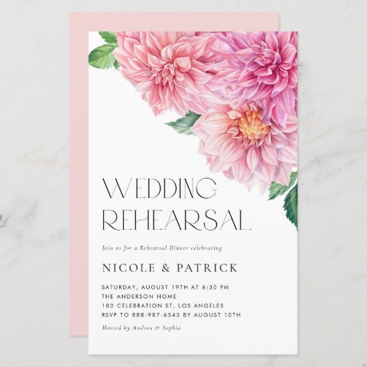 Wasserfarbe Rosa Dahlia Probe Abendessen Einladung (Vorne/Hinten)