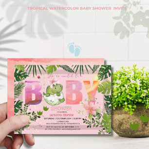 Wasserfarbe Rosa Dino Tropical Girl Babydusche Einladung