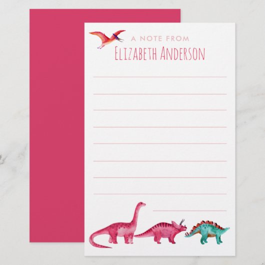 Wasserfarbe Rosa Dinosaurier Briefpapier (Vorne/Hinten)