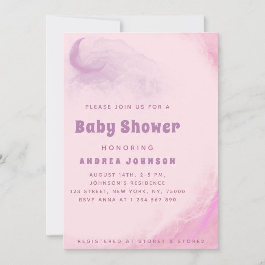 Wasserfarbe Rosa Dreamy Moon Cloud Girl Babydusche Einladung (Vorderseite)