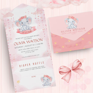 Wasserfarbe Rosa Elephant Girl Baby Dusche All In One Einladung