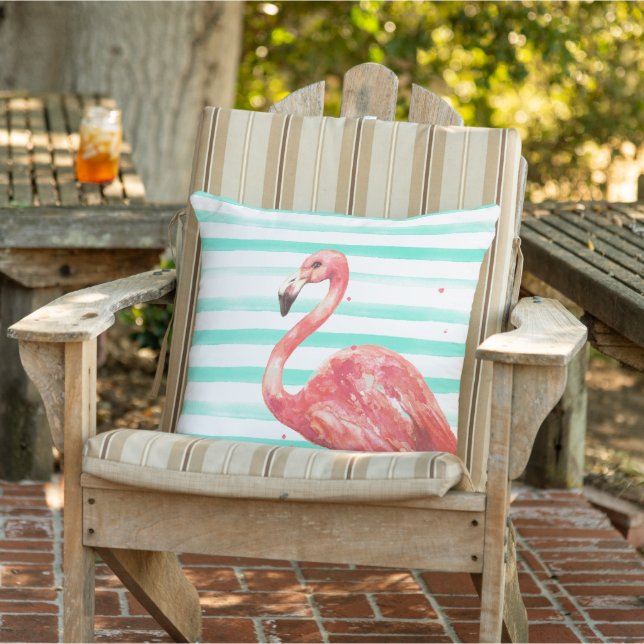 Wasserfarbe Rosa Flamingo mit Aquamarinen Streifen Kissen (Stuhl )