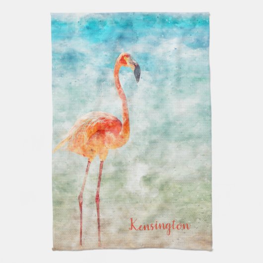 Wasserfarbe Rosa Flamingo | Tropical Shore Bird Geschirrtuch (Vertikal)
