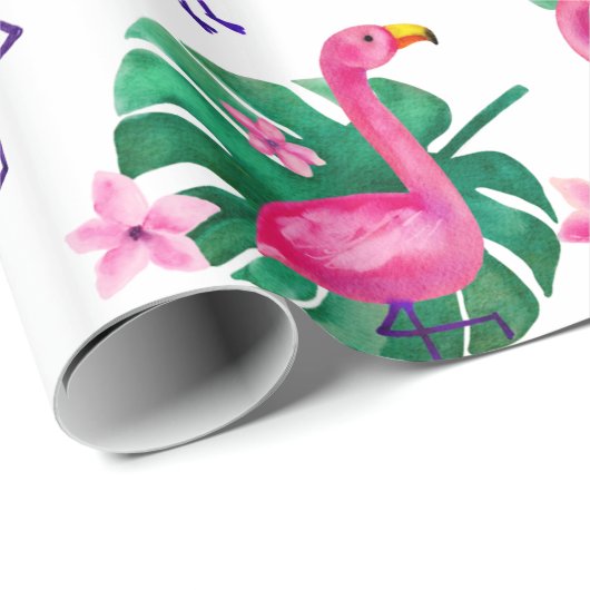 Wasserfarbe Rosa Flamingo tropische Blätter Muster Geschenkpapier (Rolleneckpunkt)