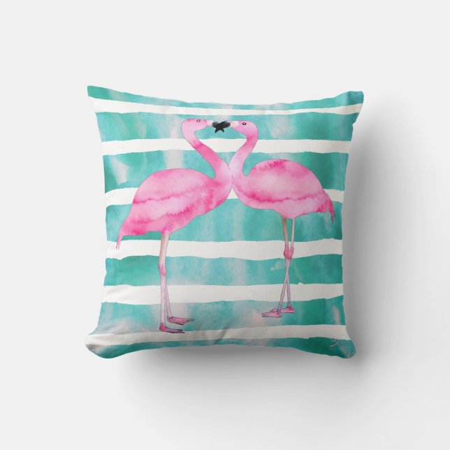 Wasserfarbe Rosa Flamingos Türkis Streifen Kissen (Vorderseite)