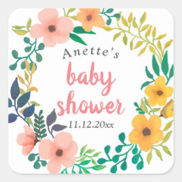 Wasserfarbe Rosa Florals | Babydusche Quadratischer Aufkleber