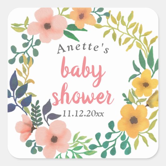 Wasserfarbe Rosa Florals | Babydusche Quadratischer Aufkleber (Vorderseite)