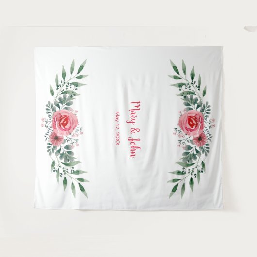 Wasserfarbe Rosa Grüne Foliage Hochzeit Wandteppich (Vorderseite (Horizontal))