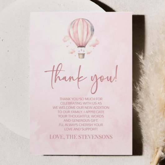 Wasserfarbe Rosa Heißluftballon Babydusche Dankeskarte