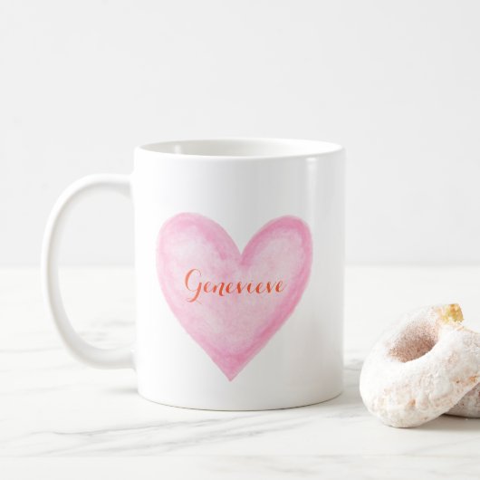 Wasserfarbe Rosa Herz mit personalisiertem Namen n Kaffeetasse (Mit Donut)