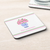 Wasserfarbe Rosa Hydrangea Chinoiserie Streifen Na Getränkeuntersetzer (Linke Seite)