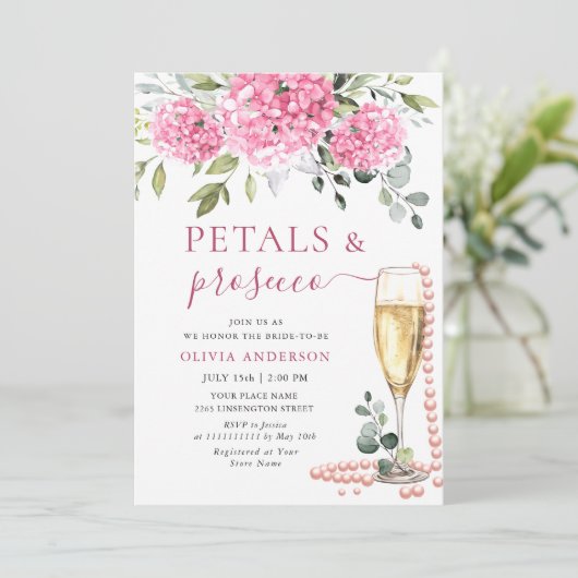 Wasserfarbe Rosa Hydrangea PETALS & Prosecco Einladung (Stehend Vorderseite)