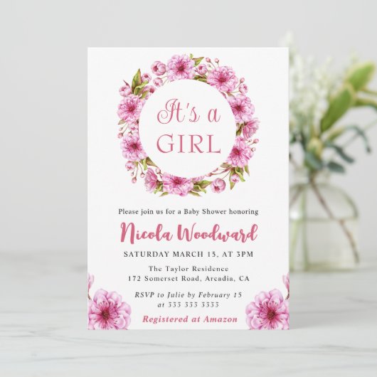 Wasserfarbe Rosa Kirsche Blossom Kinderdusche Einladung (Stehend Vorderseite)