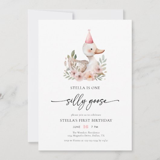 Wasserfarbe Rosa Mädchen Albern Gänse 1. Geburtsta Einladung (Vorderseite)