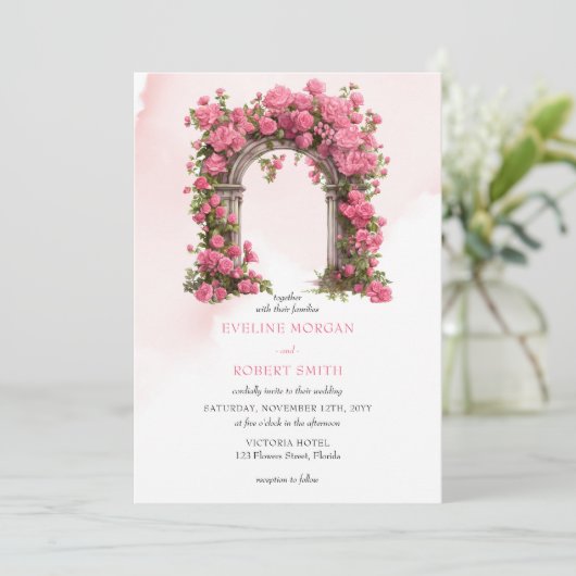 Wasserfarbe Rosa Magenta Rose Hochzeitsmarsch Einladung (Stehend Vorderseite)