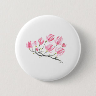 Wasserfarbe Rosa Magnolia Natur Botanisches Flora Button