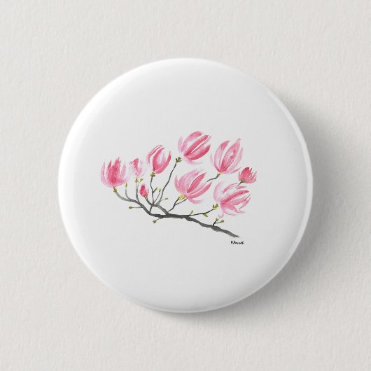 Wasserfarbe Rosa Magnolia Natur Botanisches Flora Button (Vorderseite)