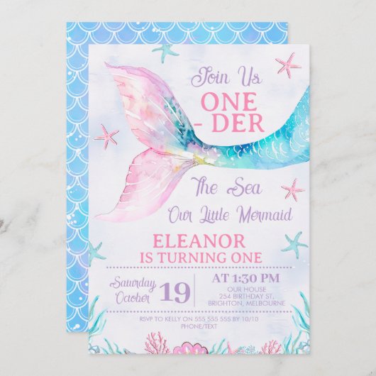 Wasserfarbe Rosa Meerjungfrau Oneder Meere Geburts Einladung (Vorne/Hinten)