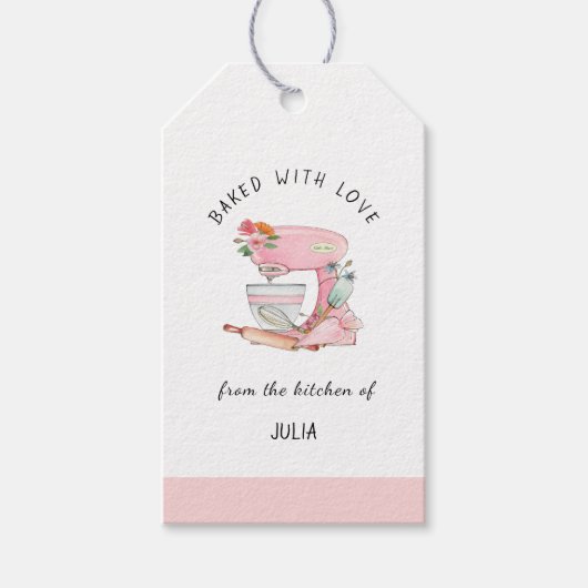 Wasserfarbe Rosa Mixer "gebacken mit Liebe" Geschenkanhänger (Vorderseite)