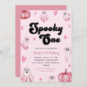 Wasserfarbe Rosa Niedlicher Geist Spooky Ein 1. Ge Einladung (Vorne/Hinten)