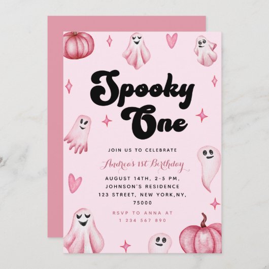 Wasserfarbe Rosa Niedlicher Geist Spooky Ein 1. Ge Einladung (Vorne/Hinten)