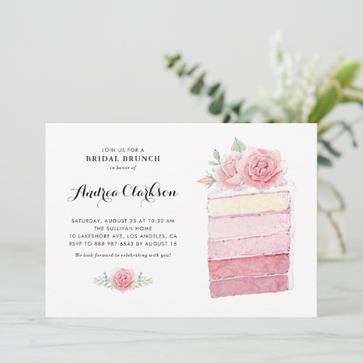Wasserfarbe Rosa Ombre Cake Slice Bridal Brunch Einladung (Stehend Vorderseite)