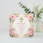 Wasserfarbe Rosa Peach Girl Taufe Kreuz Blumen Einladung (Stehend Vorderseite)