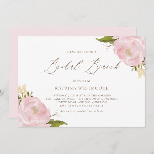 Wasserfarbe Rosa Peonies Bridal Brunch Einladung (Vorne/Hinten)