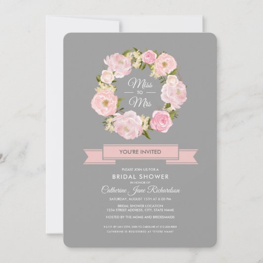 Wasserfarbe Rosa Peonies Grau Brautparty Einladung (Vorderseite)