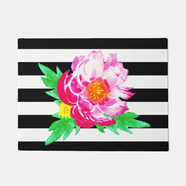 Wasserfarbe Rosa Peony Black & White Door Mat Fußmatte (Vorderseite)