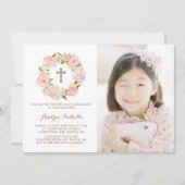 Wasserfarbe Rosa Peony Wreath Foto Erste Kommune Einladung (Vorderseite)