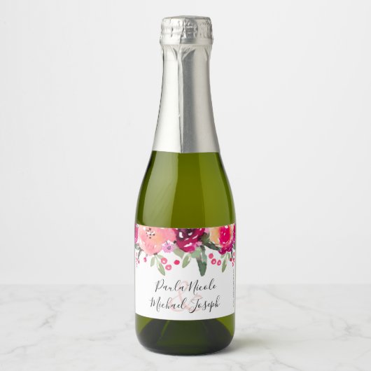 Wasserfarbe Rosa Personalisierte Hochzeit Mini C Schaumweinetikett (Vorderseite)