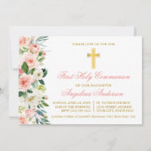 Wasserfarbe Rosa Rosa Blütenblau Gold Erstkommunio Einladung (Vorderseite)
