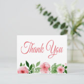 Wasserfarbe Rosa Rose Floral Vielen Dank Postkarte (Stehend Vorderseite)