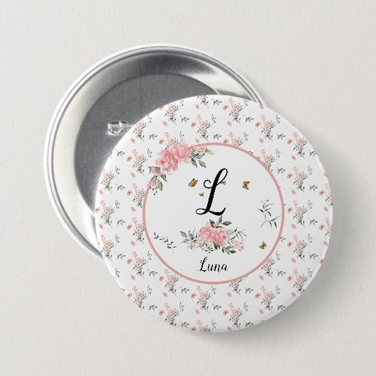 Wasserfarbe Rosa Rosen mit Schmetterlingen Button (Vorne & Hinten)