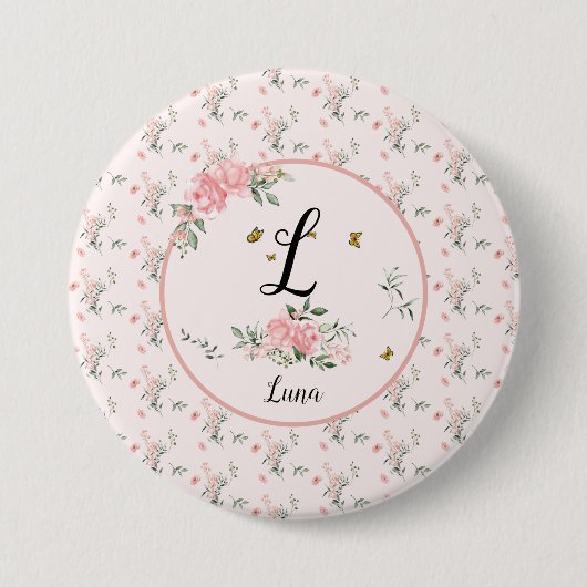 Wasserfarbe Rosa Rosen mit Schmetterlingen Button (Vorderseite)