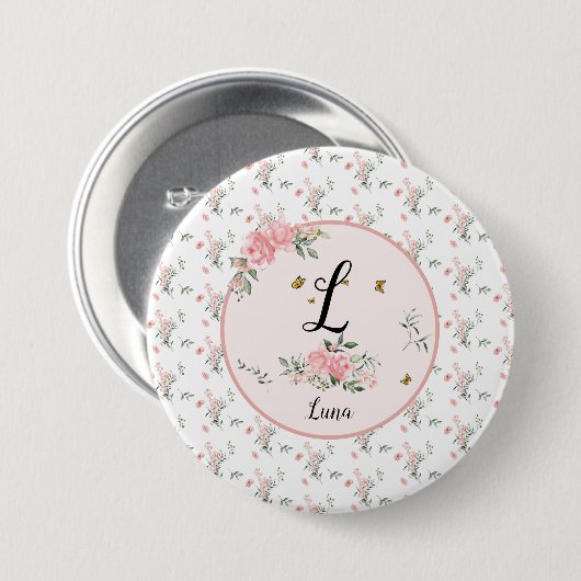 Wasserfarbe Rosa Rosen mit Schmetterlingen Button (Vorne & Hinten)